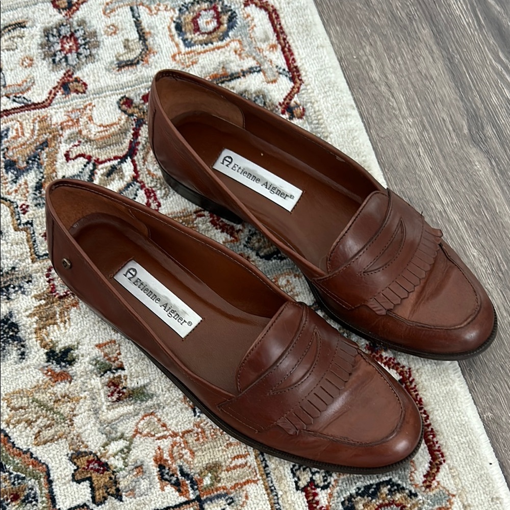 Etienne Aigner Chestnut Leather Fringe Loafers